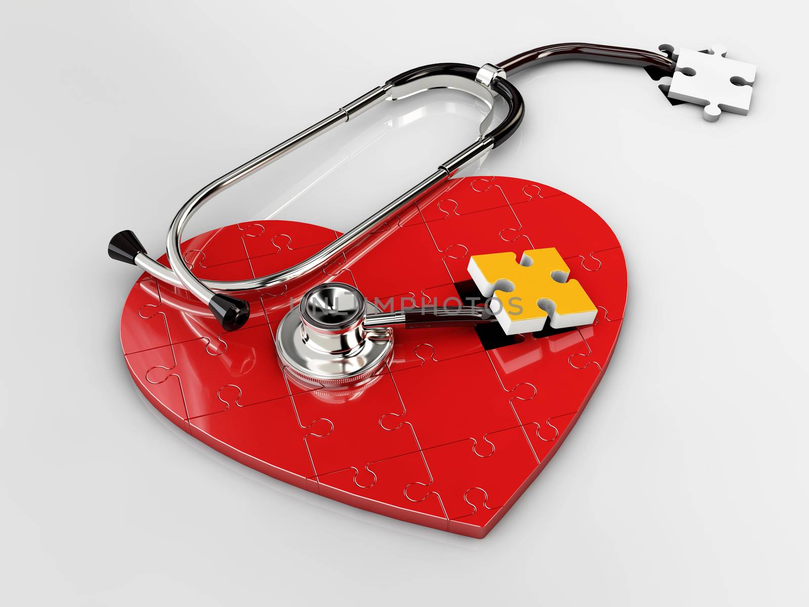 3d Illustration of Red puzzle heart with stethoscope on white background.