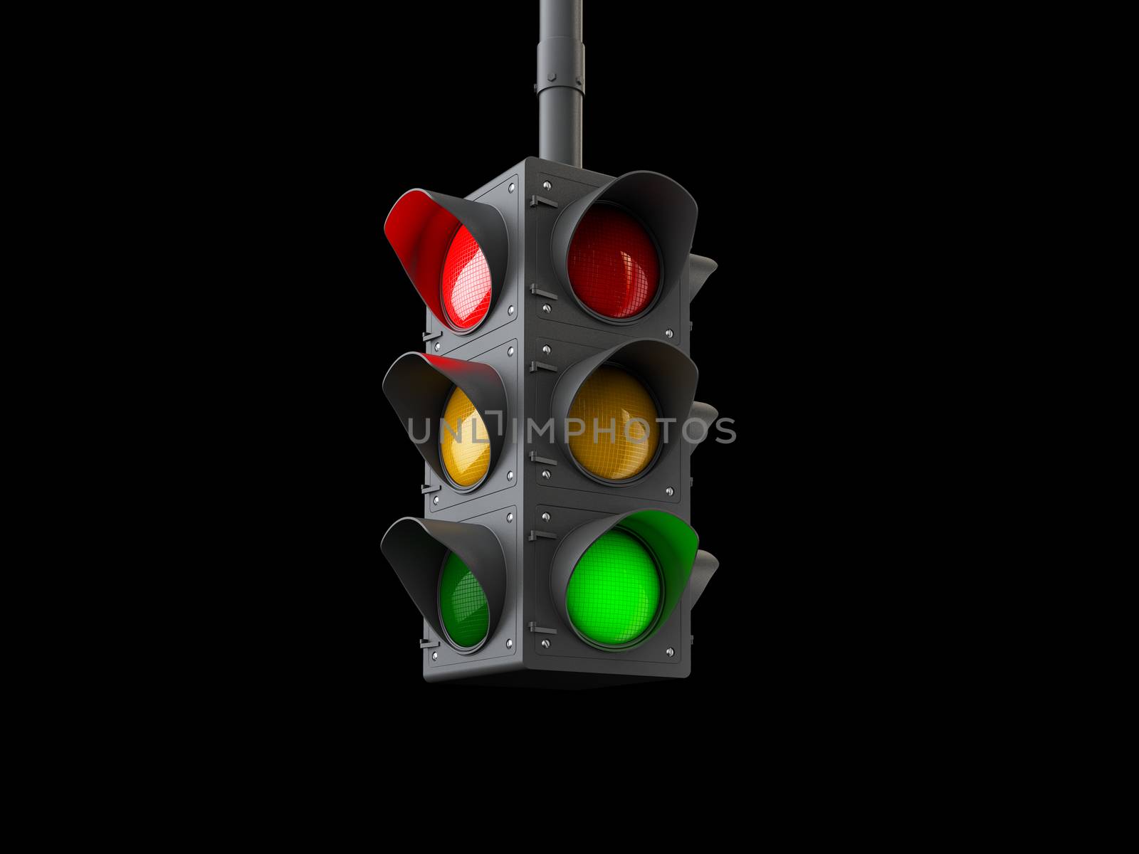 3d Illustration of traffic lights isolated on black.