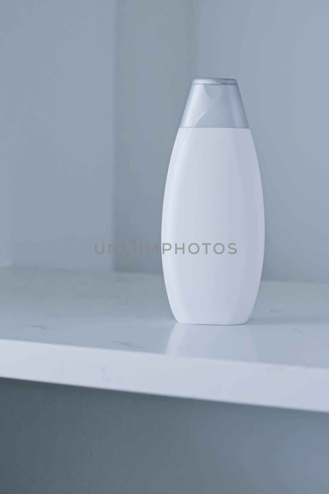 Blank label cosmetic container bottle as product mockup on gray background, hygiene and healthcare