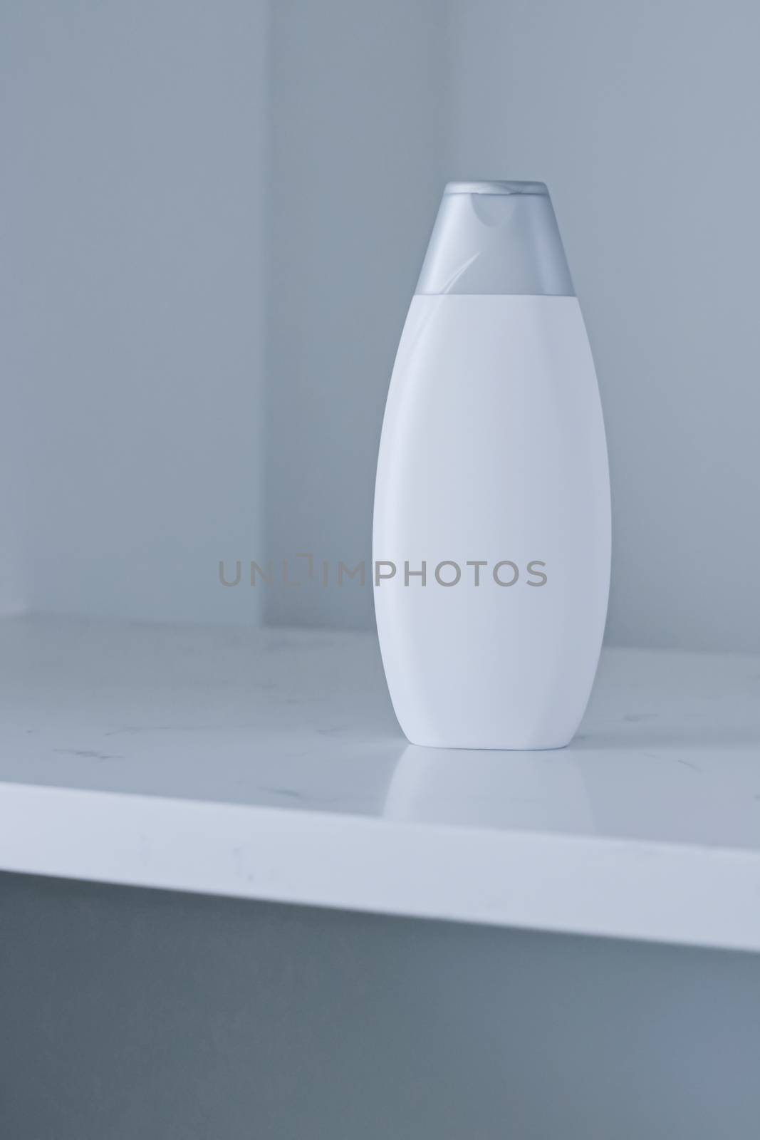 Blank label cosmetic container bottle as product mockup on gray background by Anneleven