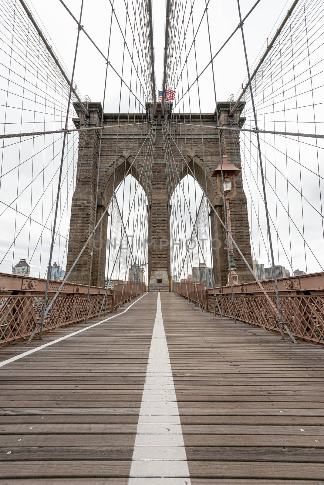 Landscape view Historical Brooklyn Bridge during Covid-19 Pandemic in New York. High quality photo