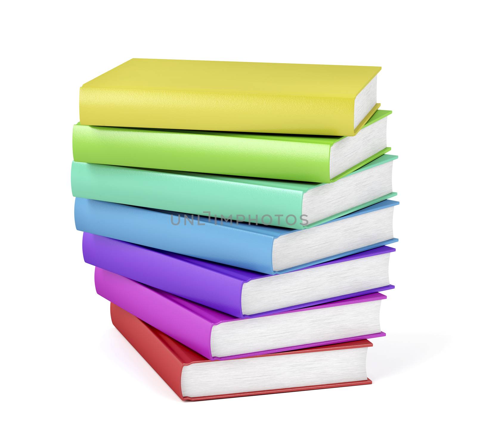 Stack of many colorful books on white background