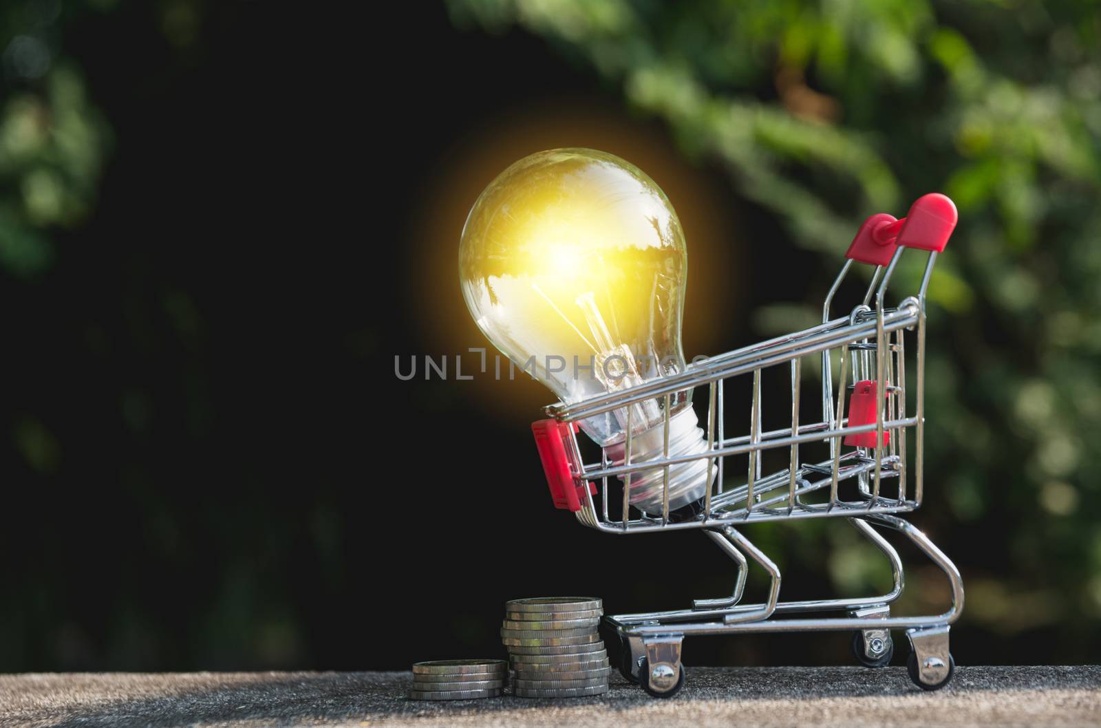Energy saving light bulb with coins and shopping cart for saving, financial and shopping concept.