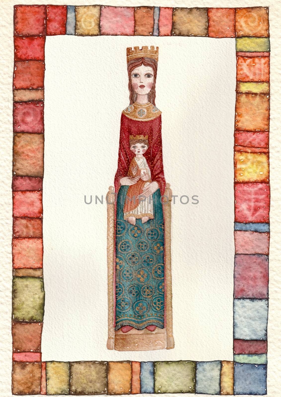 Hand drawn back postcard ,  Enthroned Romanic Virgin Mary end Child, watercolor illustration