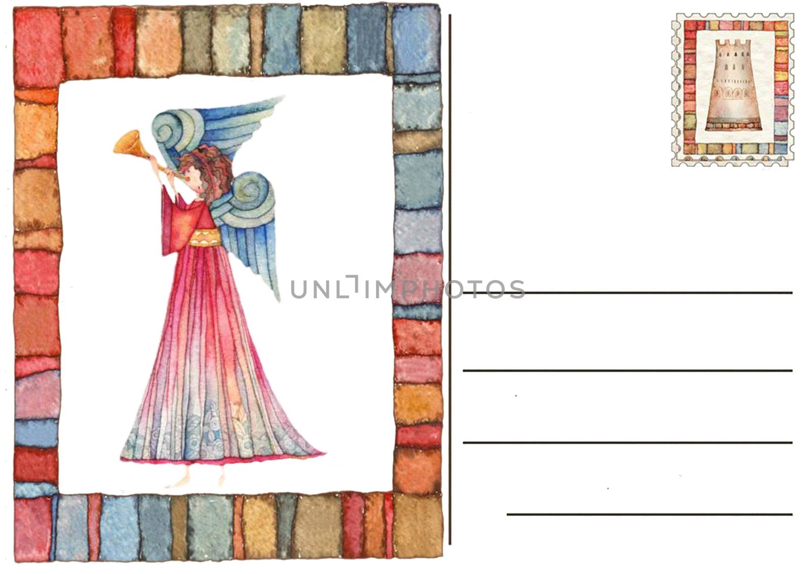 Hand drawn back postcard with Christmas nativity scene and Angel