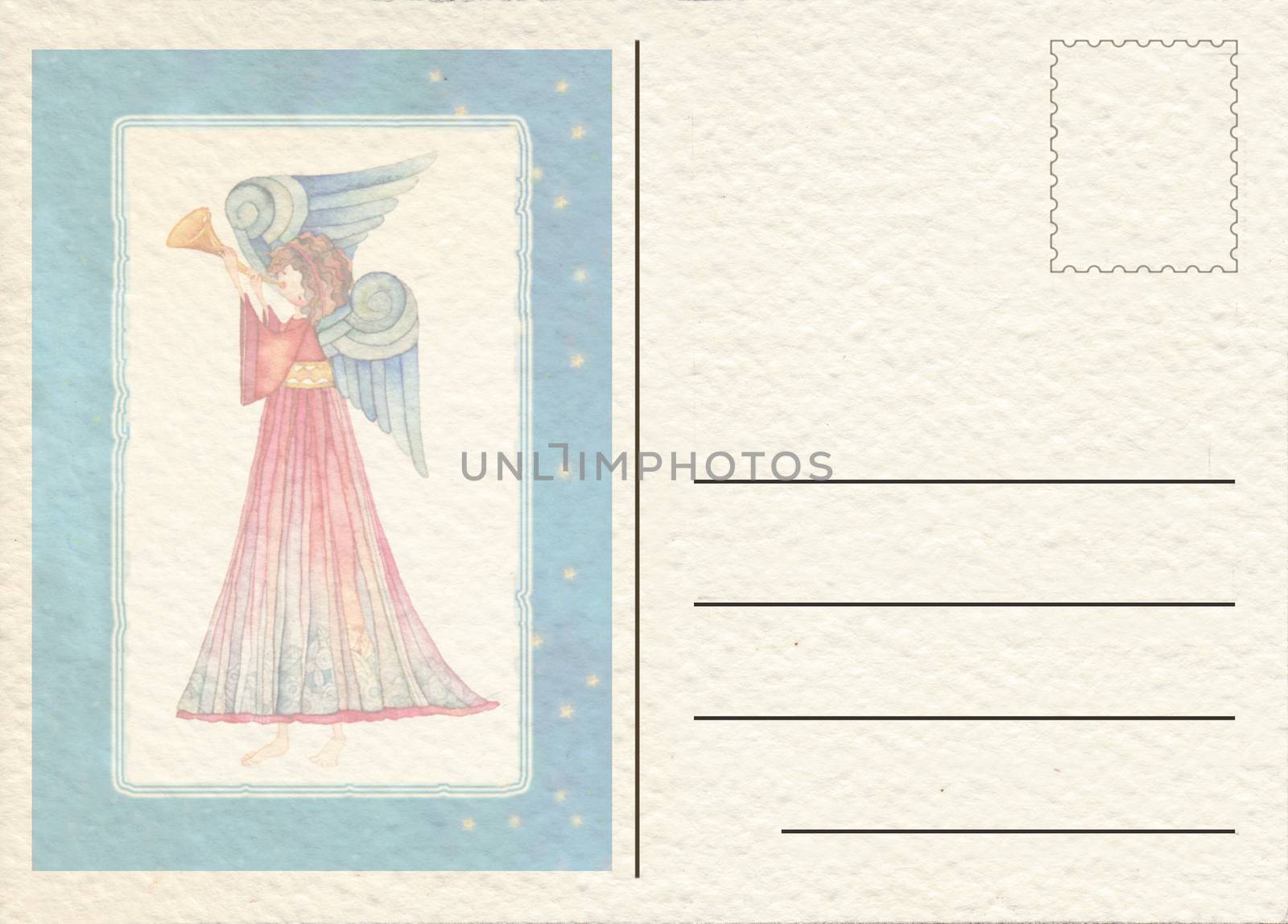 Hand drawn back postcard with Angel