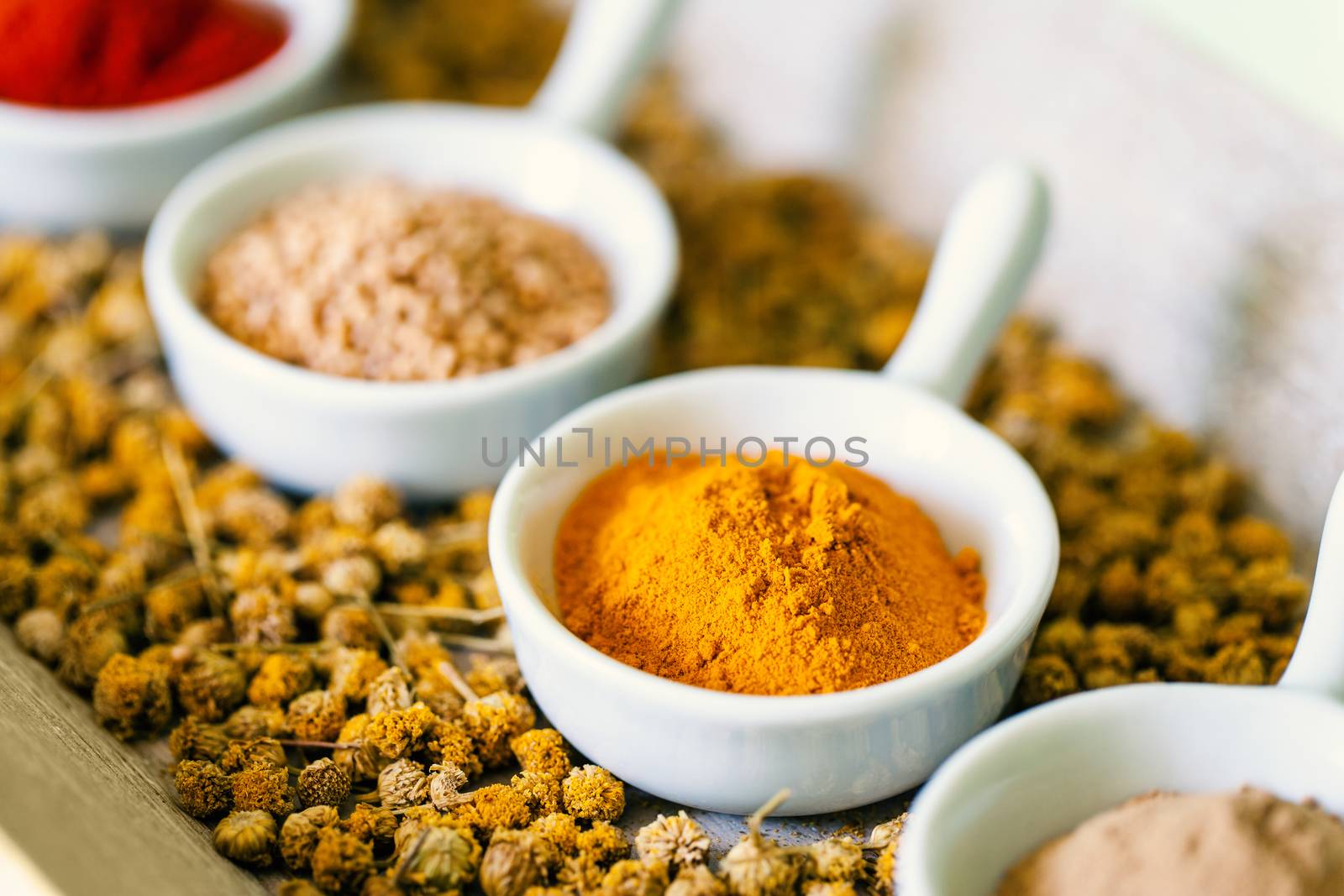 Small bowls with Dried spices. by karelnoppe