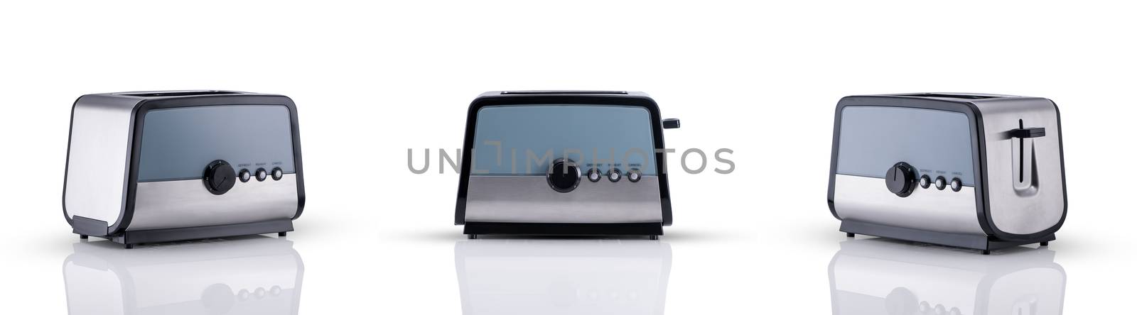 kitchen toaster on a white background with reflection, three angles of view. kitchen accessories
