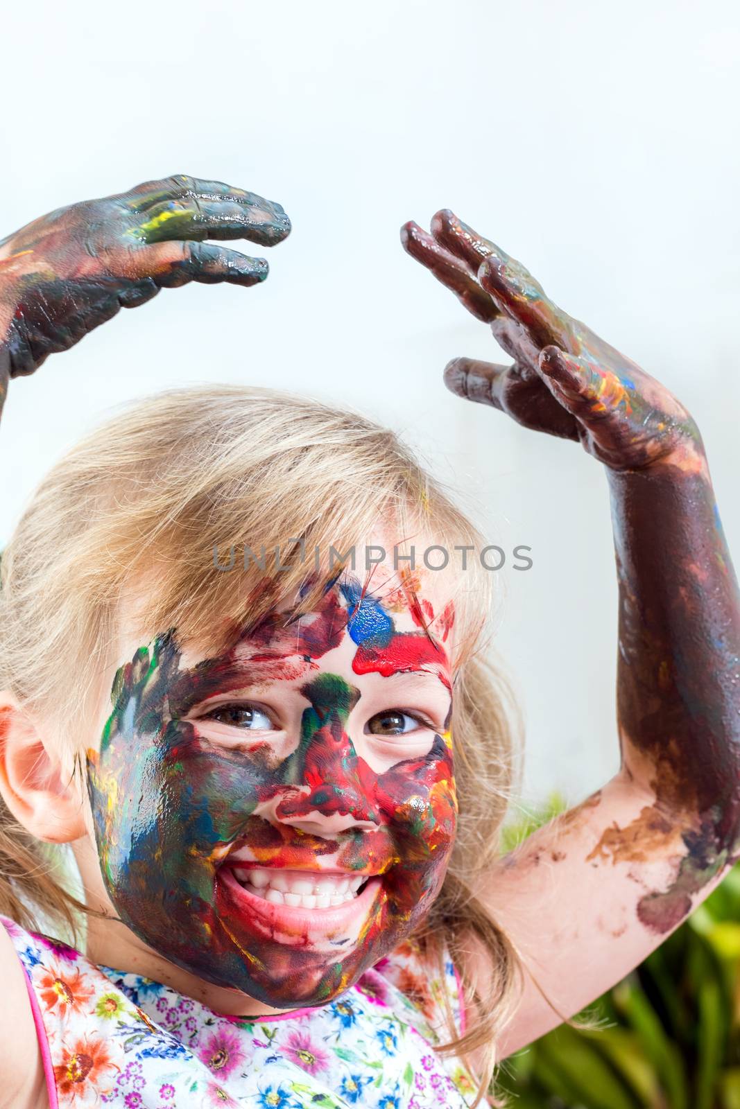 Painted girl with hand in air. by karelnoppe