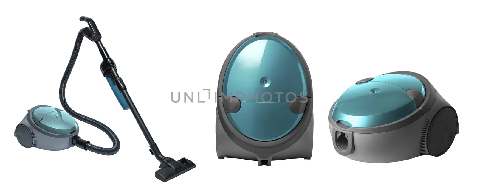 full view of a modern household vacuum cleaner of turquoise color on a white background. for copy space and cut out