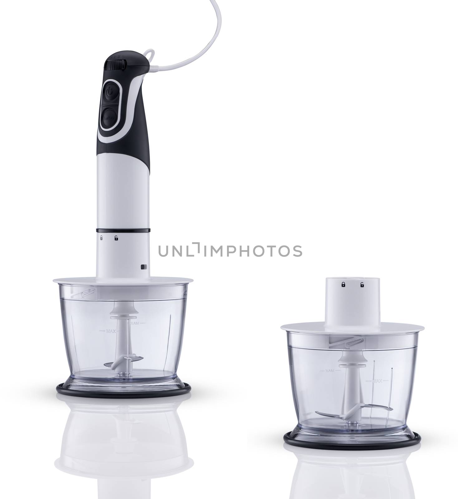 electric blender with container on white background with reflection. kitchen appliances