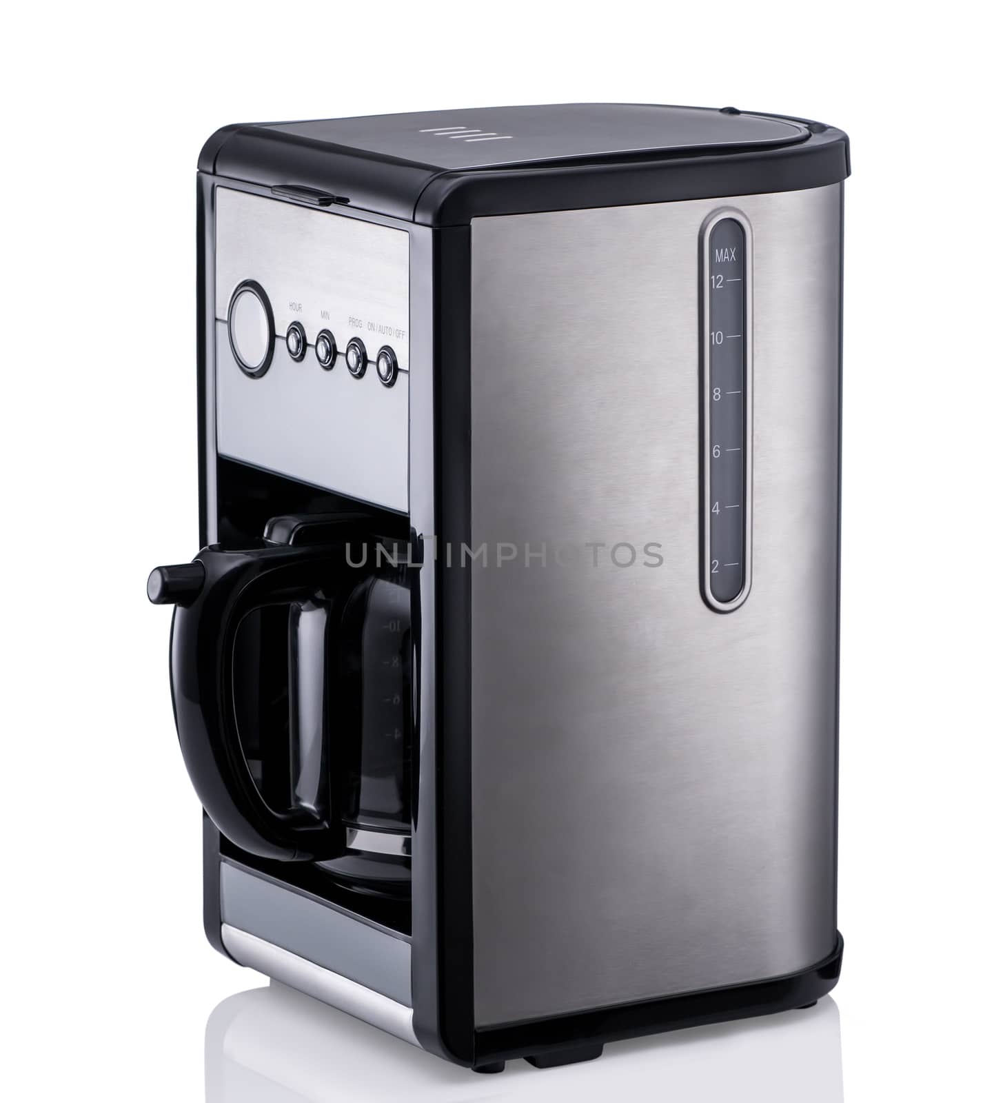 modern electric coffee machine on white background with reflection, isolated