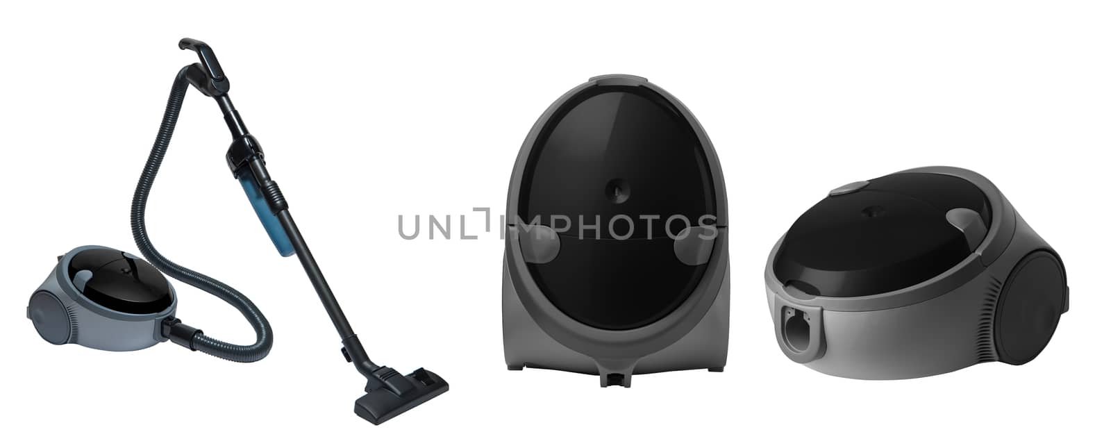 full view of a modern household vacuum cleaner of black color on a white background. for copy space and cut out