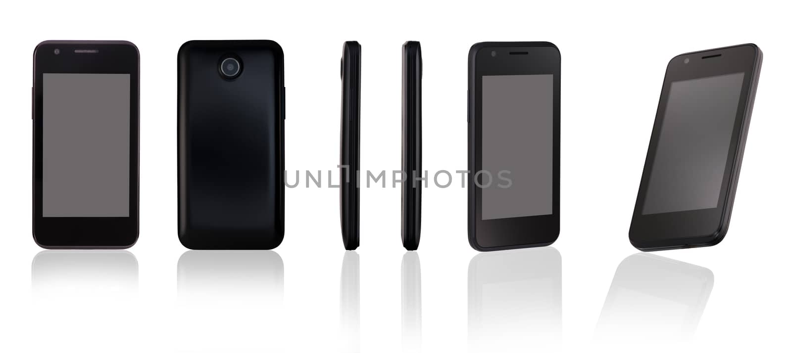 modern mobile phone on white background with reflection review with different angles. for copy space and cut out.