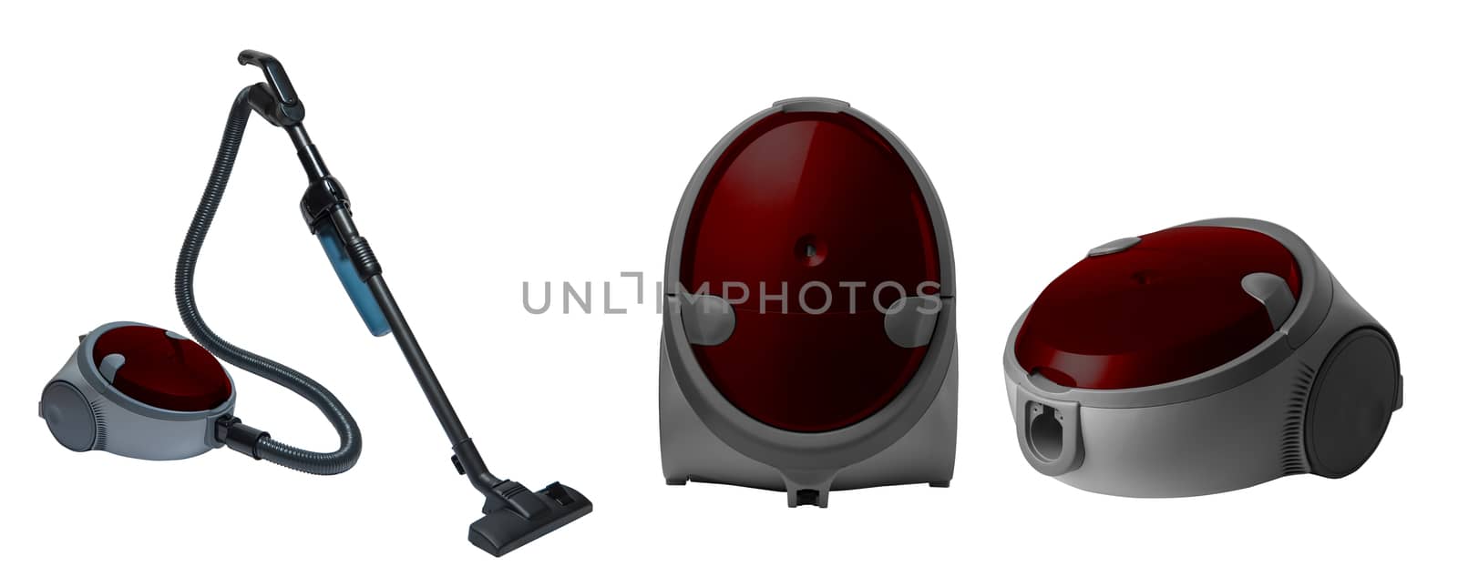 full view of a modern household vacuum cleaner of claret color on a white background. for copy space and cut out