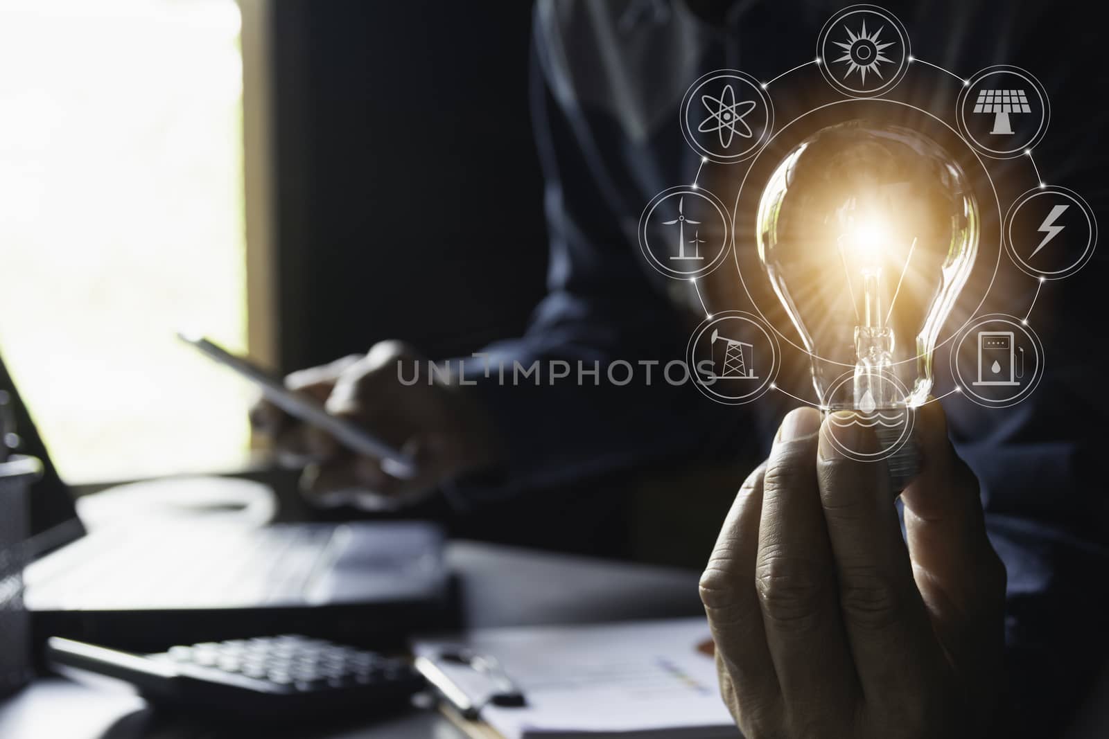 Hand of male holding a light bulb and copy space for accounting, ideas and creative concept.