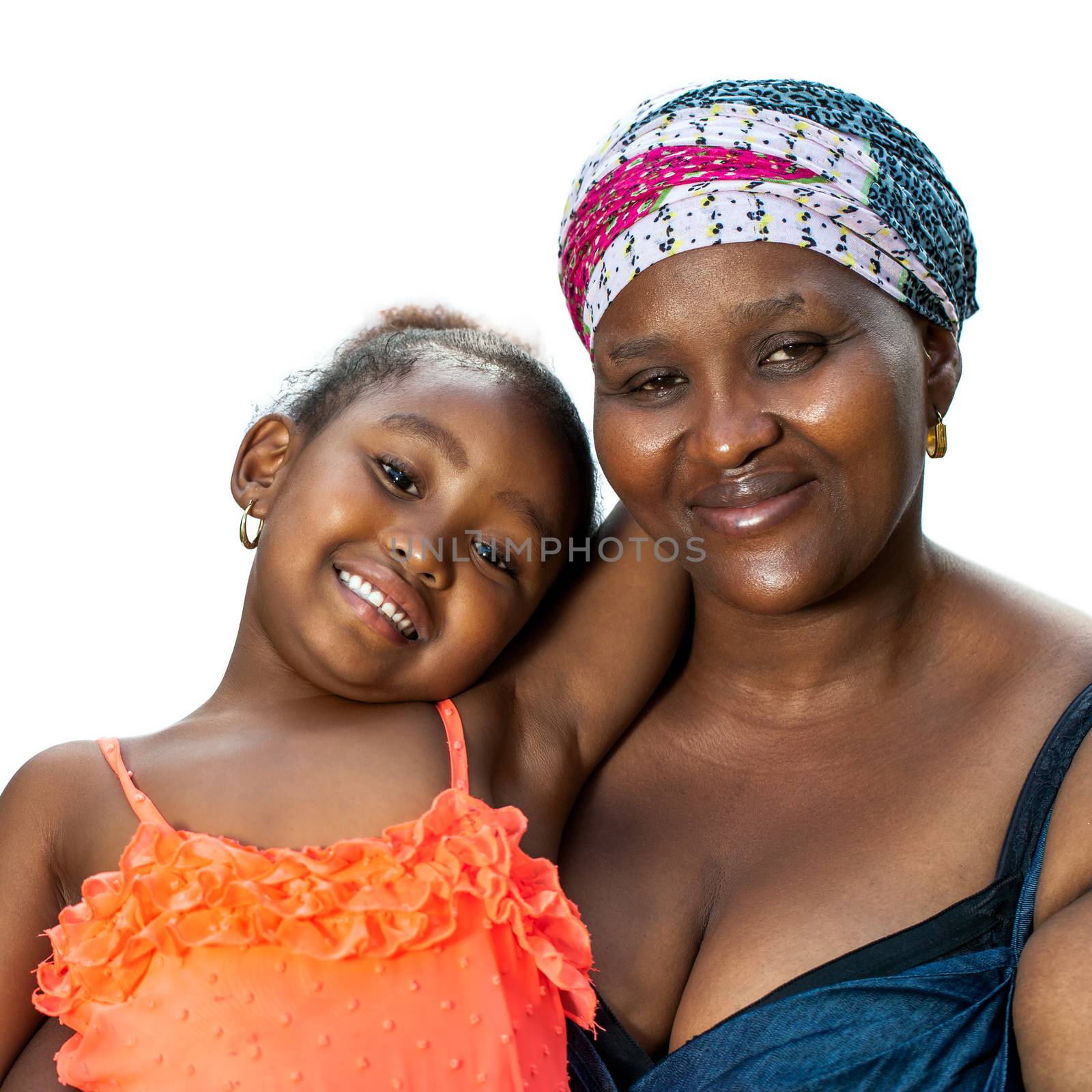 Close up portrait of little African girl sitting on mothers lap.Isolated on white background.