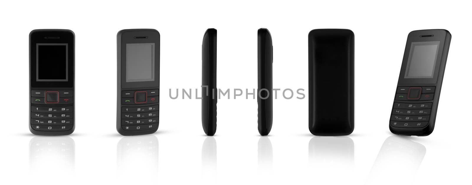 from different angles push-button mobile phone on white background with reflection