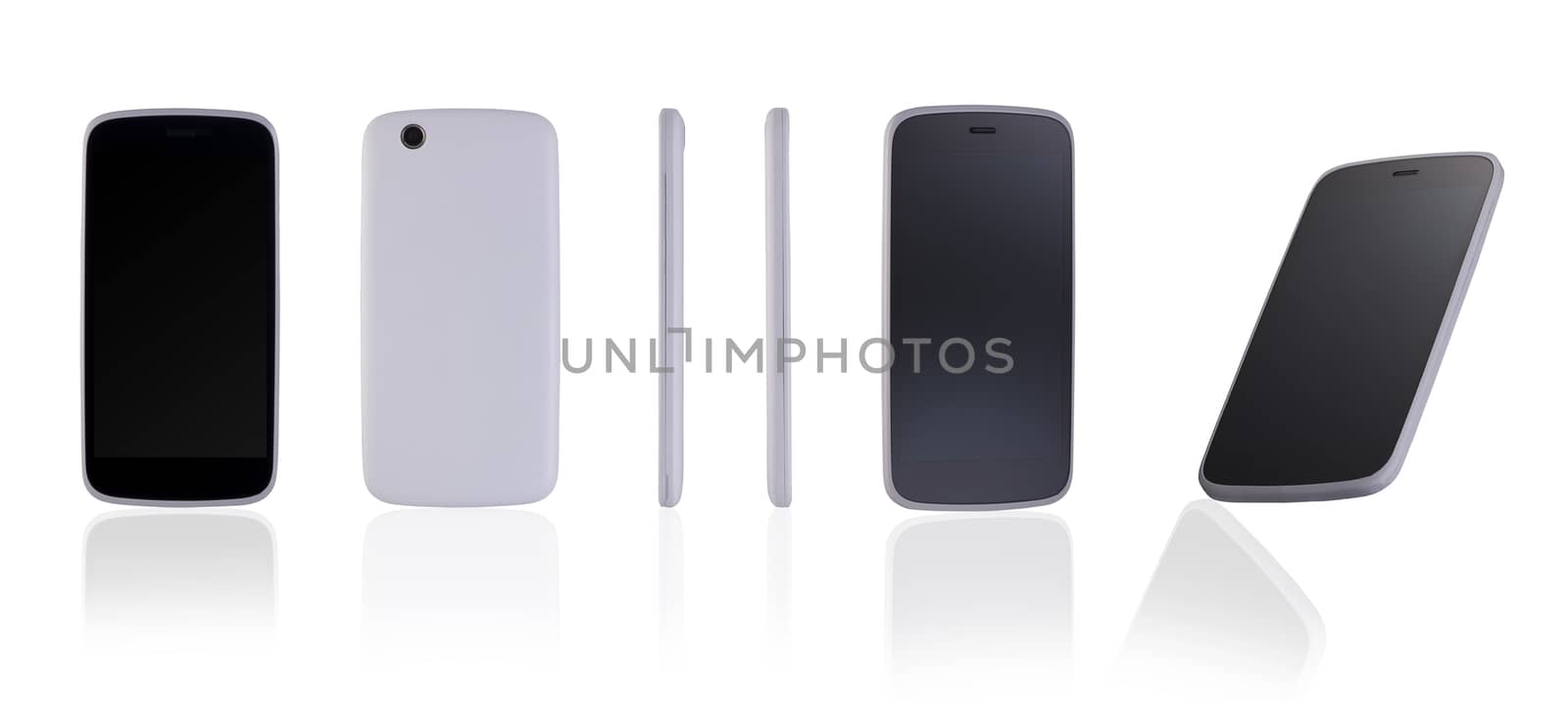 modern mobile phone on white background with reflection review with different angles. for copy space and cut out.