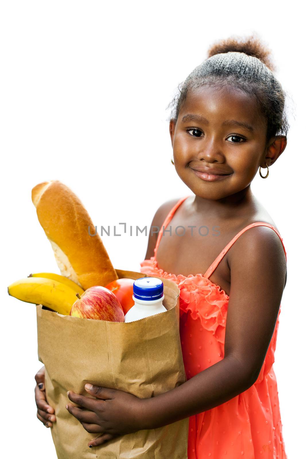 Close up portrait of cute African girl in red dress holding essential groceries in brown bag.Isolated on white background.