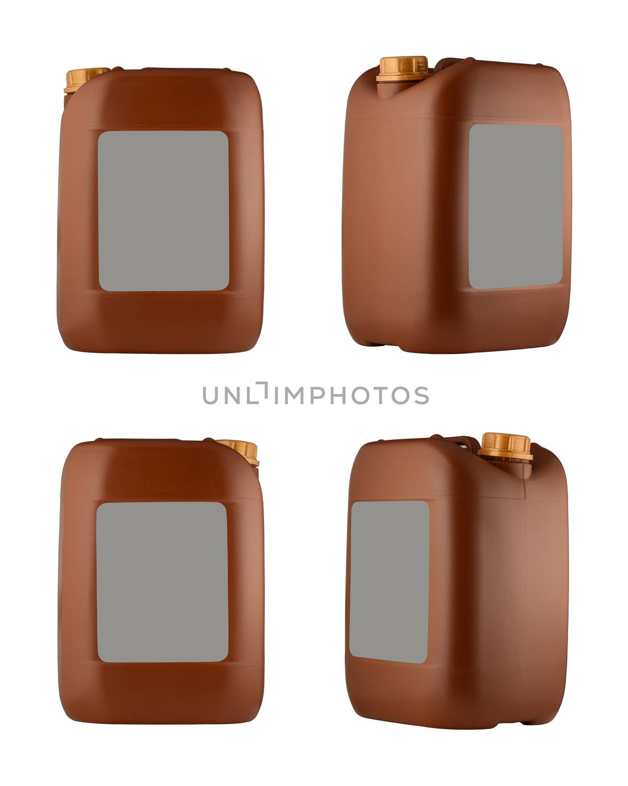 Set of brown plastic canisters of engine oil isolated in different positions in a white background