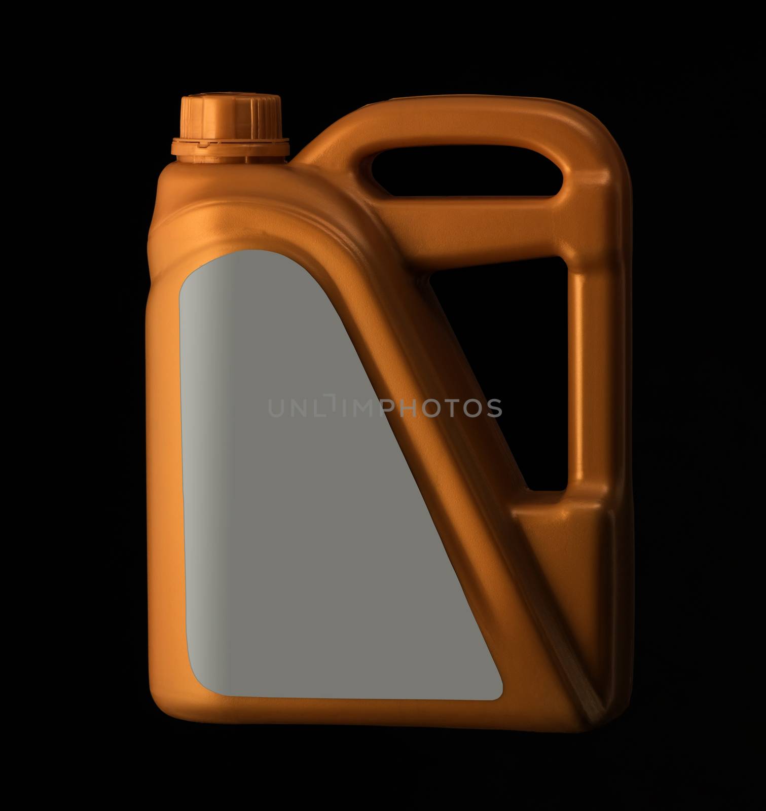 brown plastic canister of engine oil, isolated in a black background