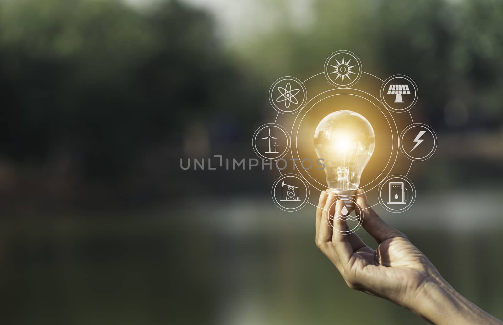 Hand of male holding a light bulb and copy space for accounting, ideas and creative concept.