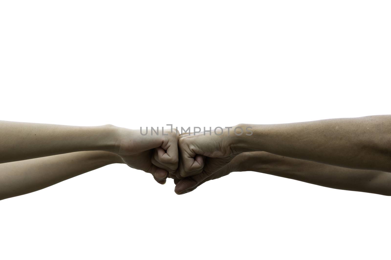 Friend fist bump together isolated on white background. Fist bump between colleagues. Friendship and teamwork concept.