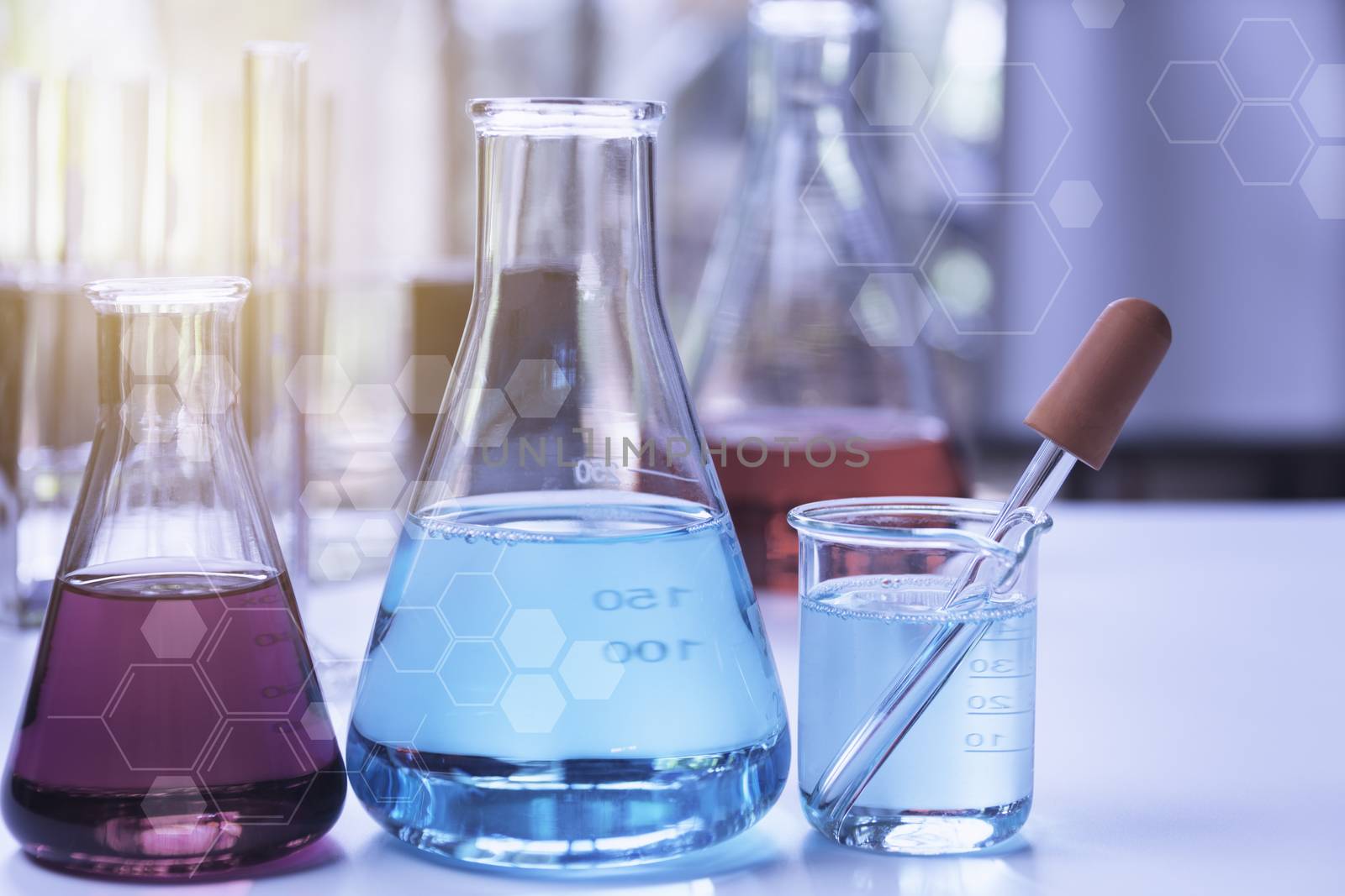 Glass laboratory chemical test tubes with liquid for analytical , medical, pharmaceutical and scientific research concept.