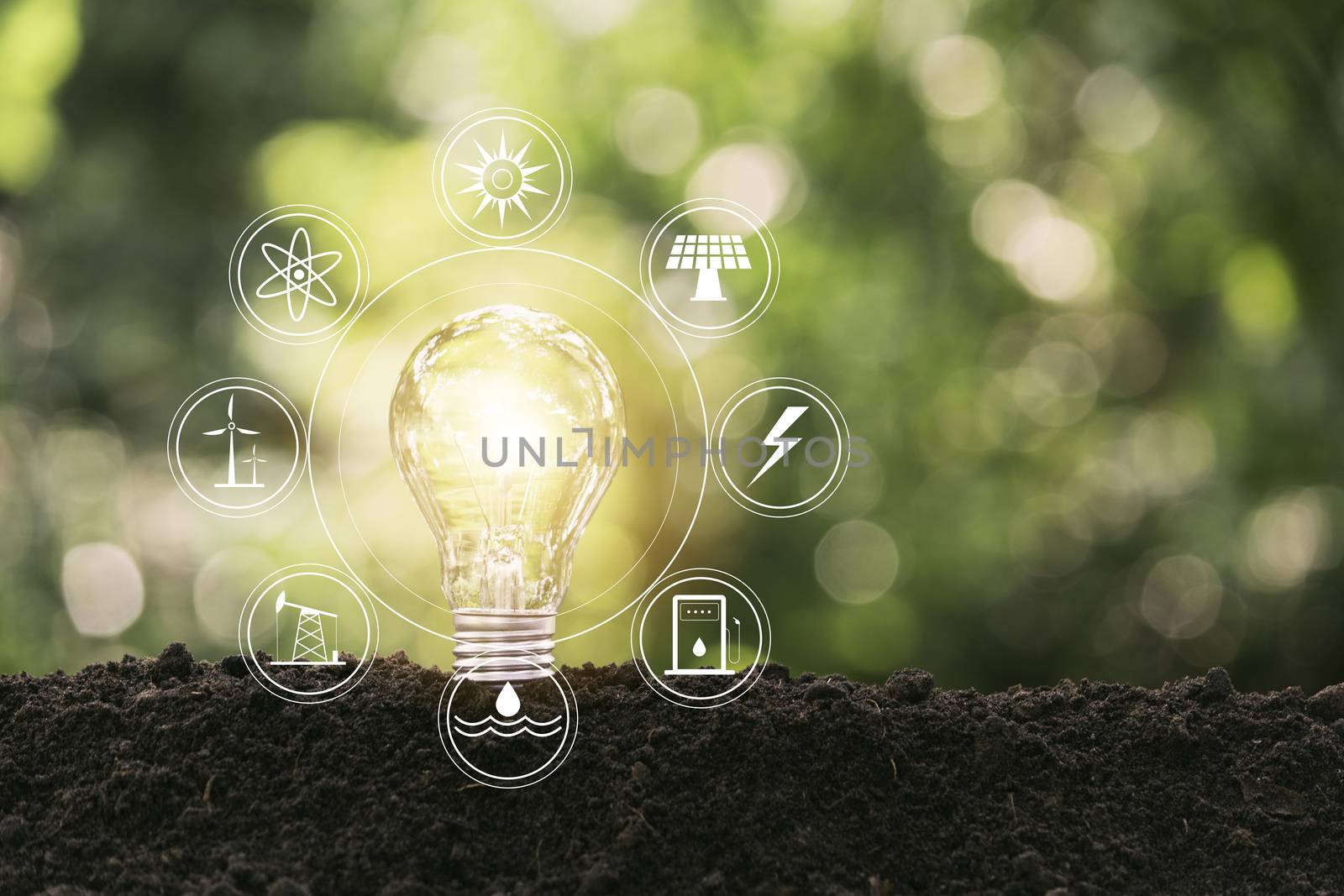 Energy saving light bulb on nature background for energy and creative concept.