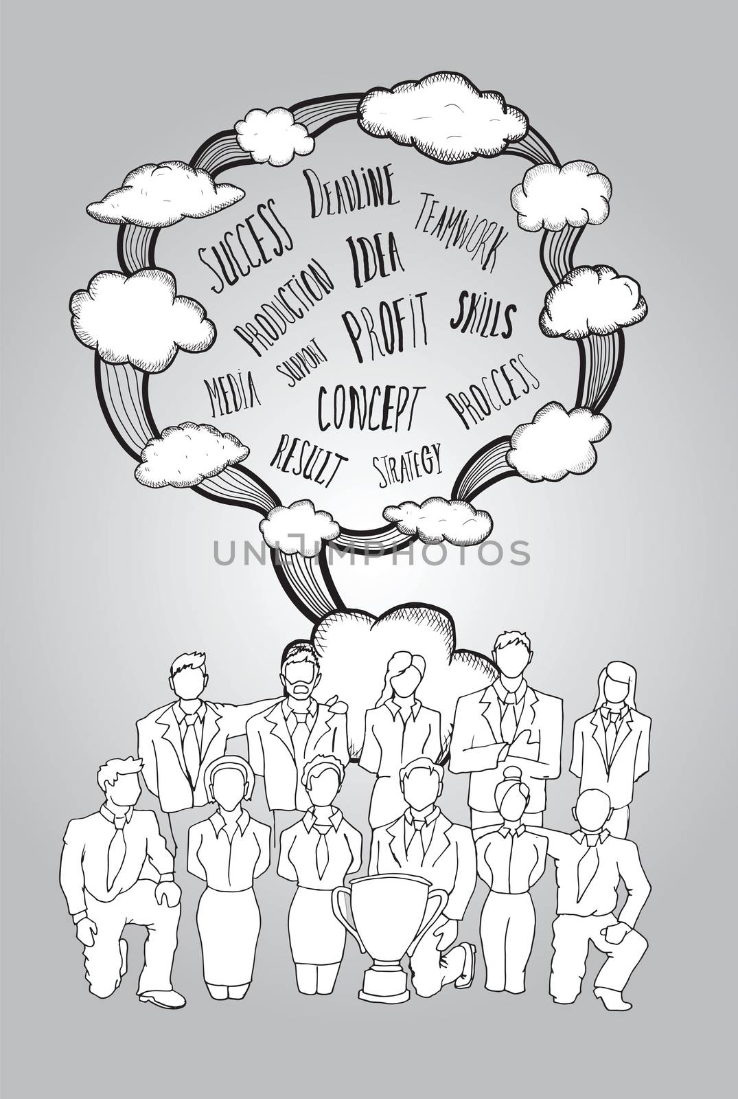 Teamwork concept with buzzwords and clouds on grey background