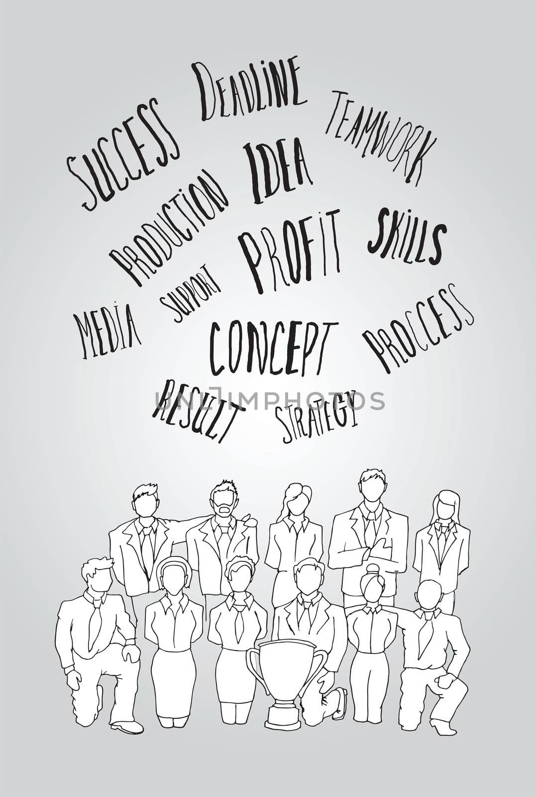 Teamwork concept with buzzwords on grey background