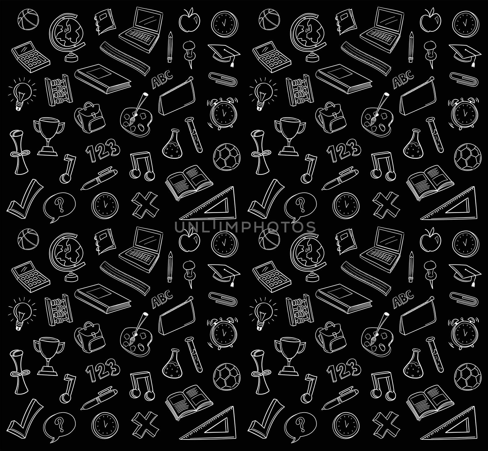 Hand drawn education icons vector against black background