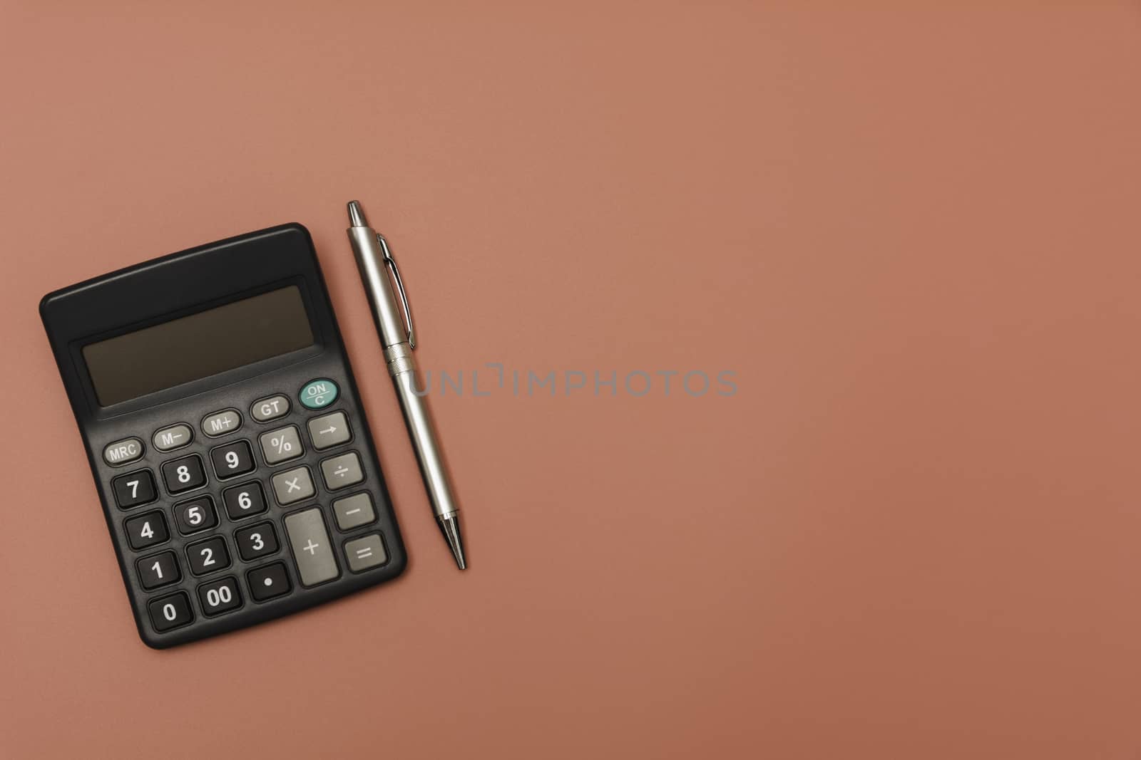 Black calculator with pen and copy space. Technology and financi by kirisa99