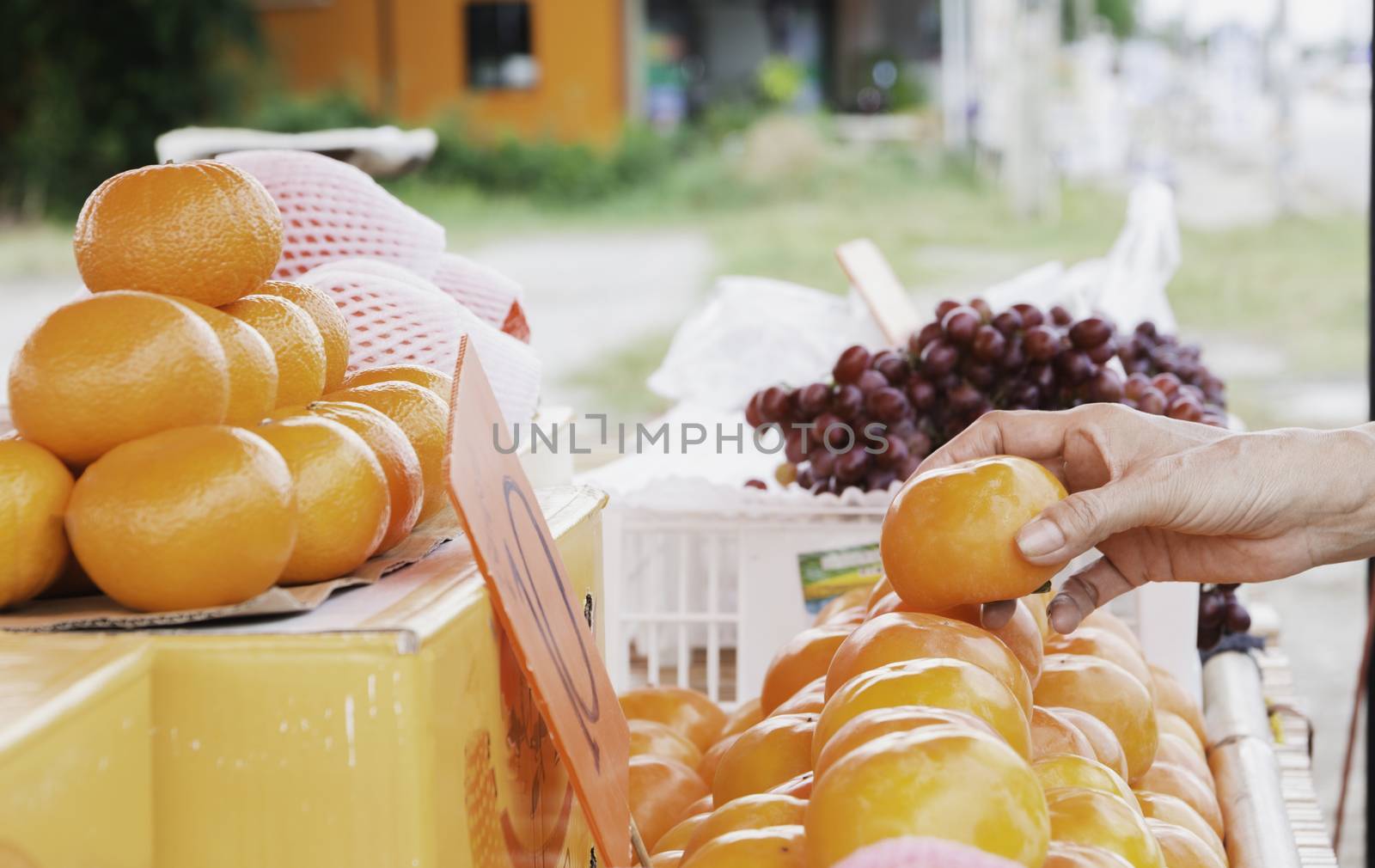 Young woman choosing orange at supermarket. Healthy and lifestyle concept.