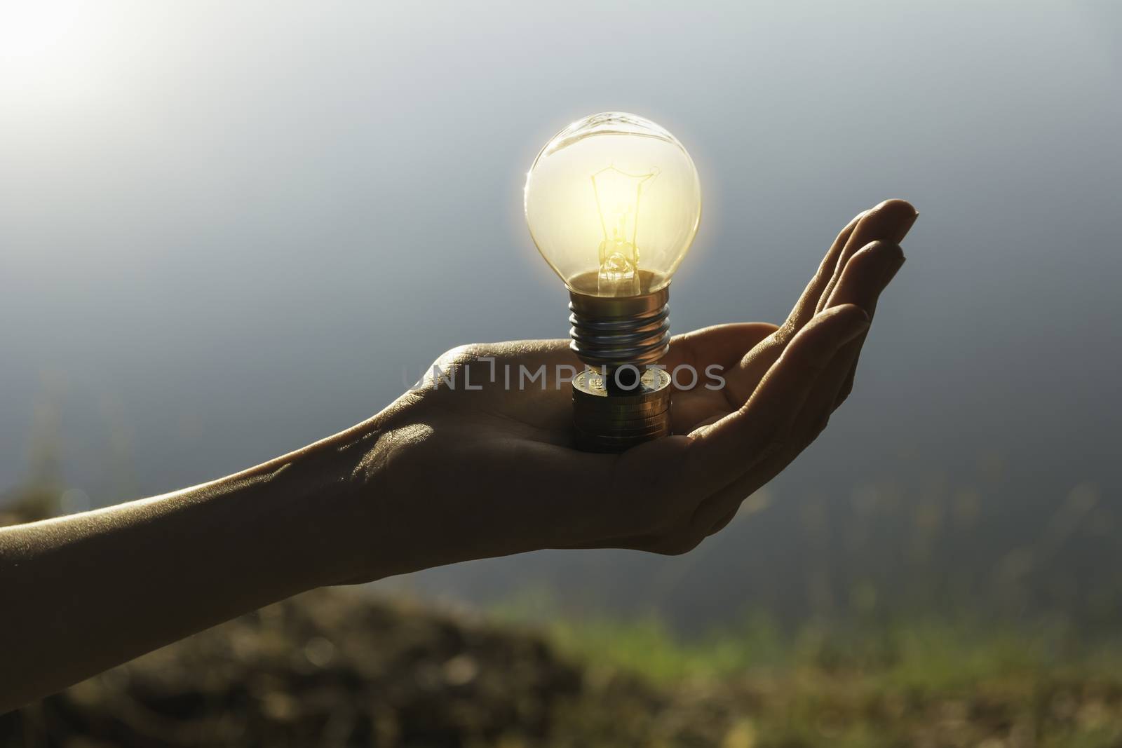 Hand of male holding a light bulb and copy space for energy, ideas and creative concept.