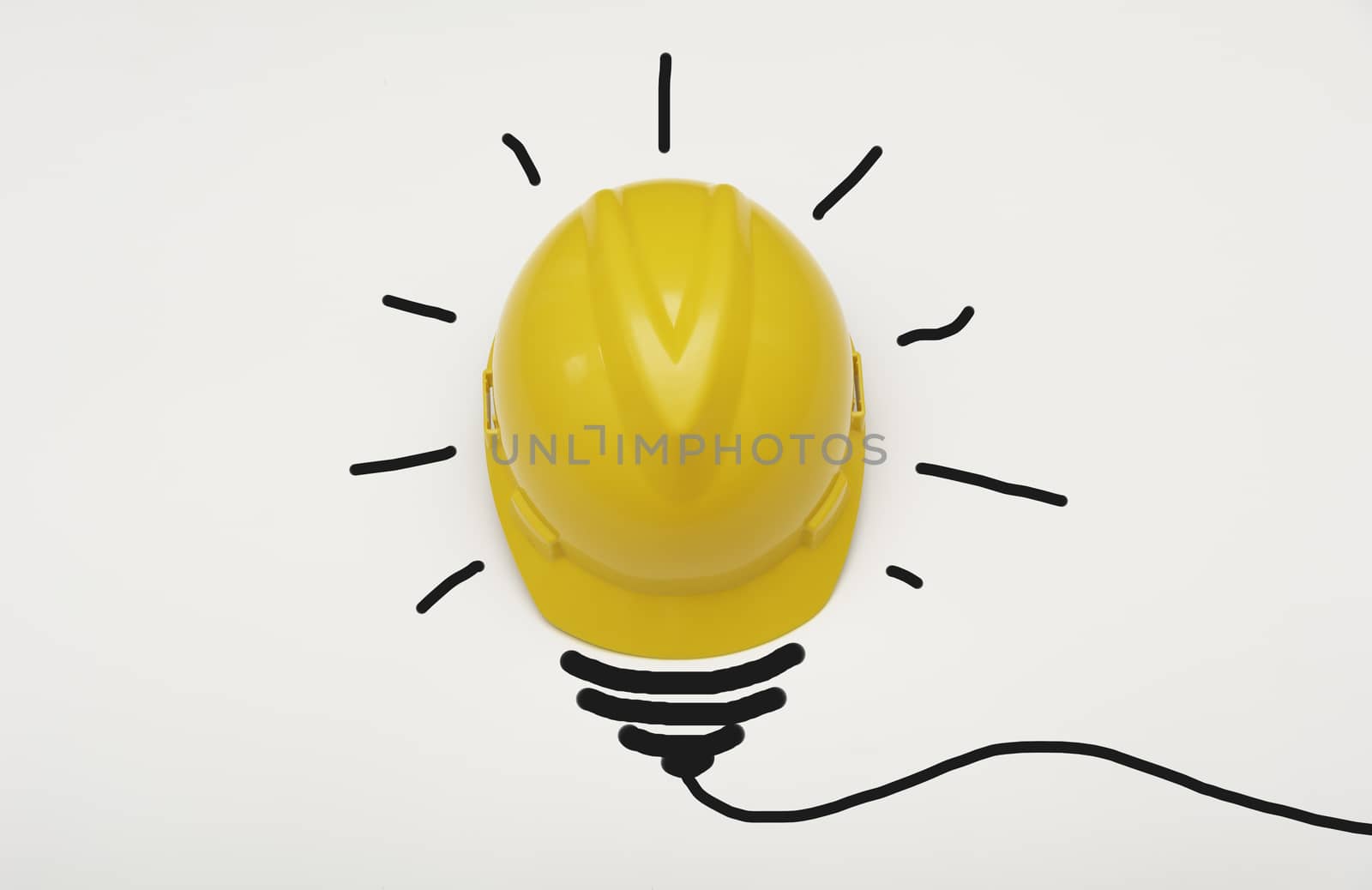 Concept idea with safety helmet light bulb isolate on white back by kirisa99