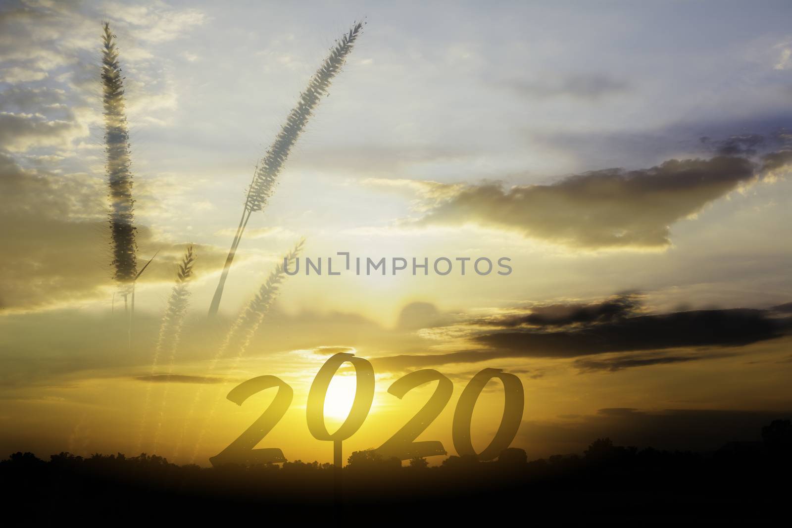 2020 Happy new year numbers on sunset sky background by kirisa99