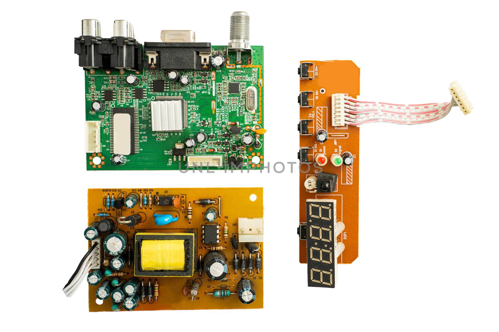 Electronic circuit and component board on white background, PCBA by peerapixs