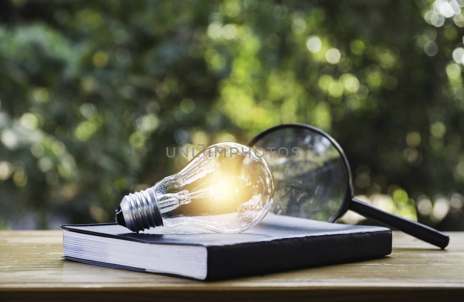 Light bulb and a book on table and copy space for insert text. by kirisa99