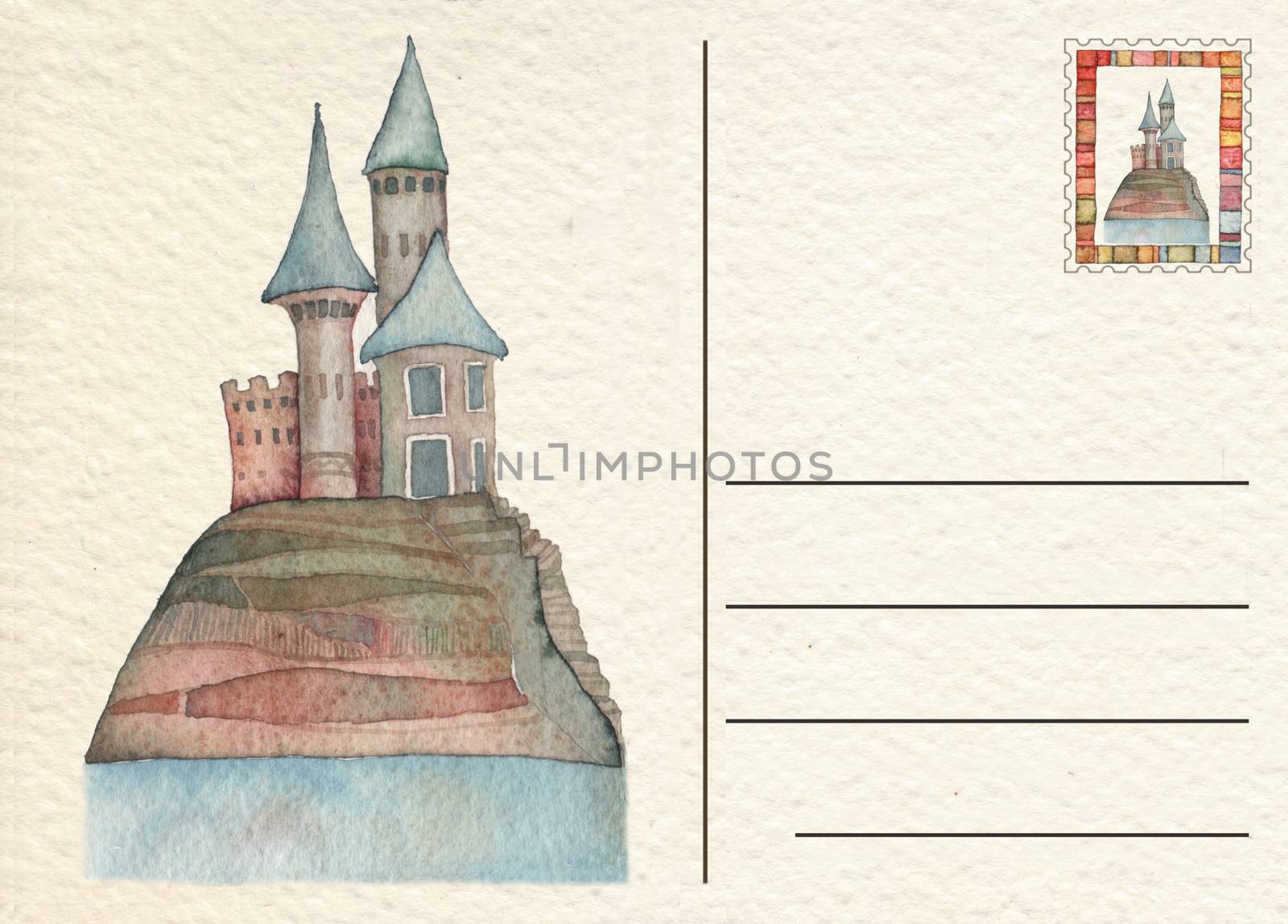 Hand drawn back postcard with Castle, watercolor illustration