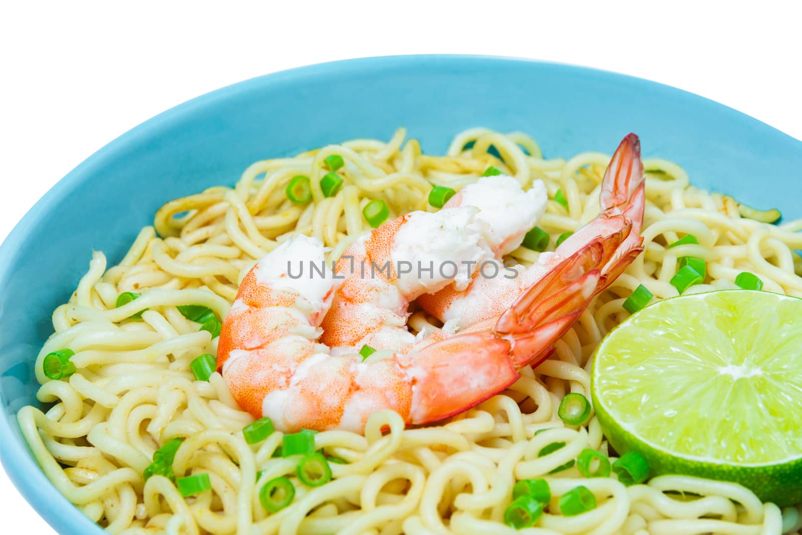 Bowl of instant noodles and shrimps isolated on white background by kirisa99