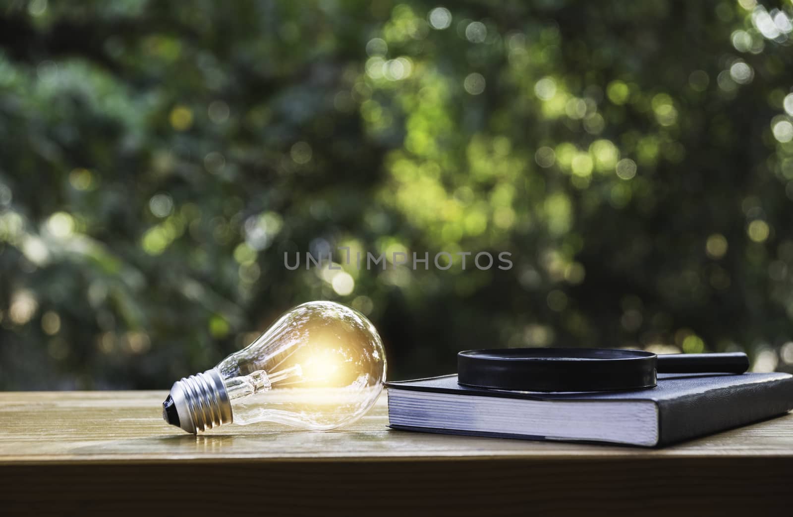 Light bulb and a book on table and copy space for insert text. by kirisa99