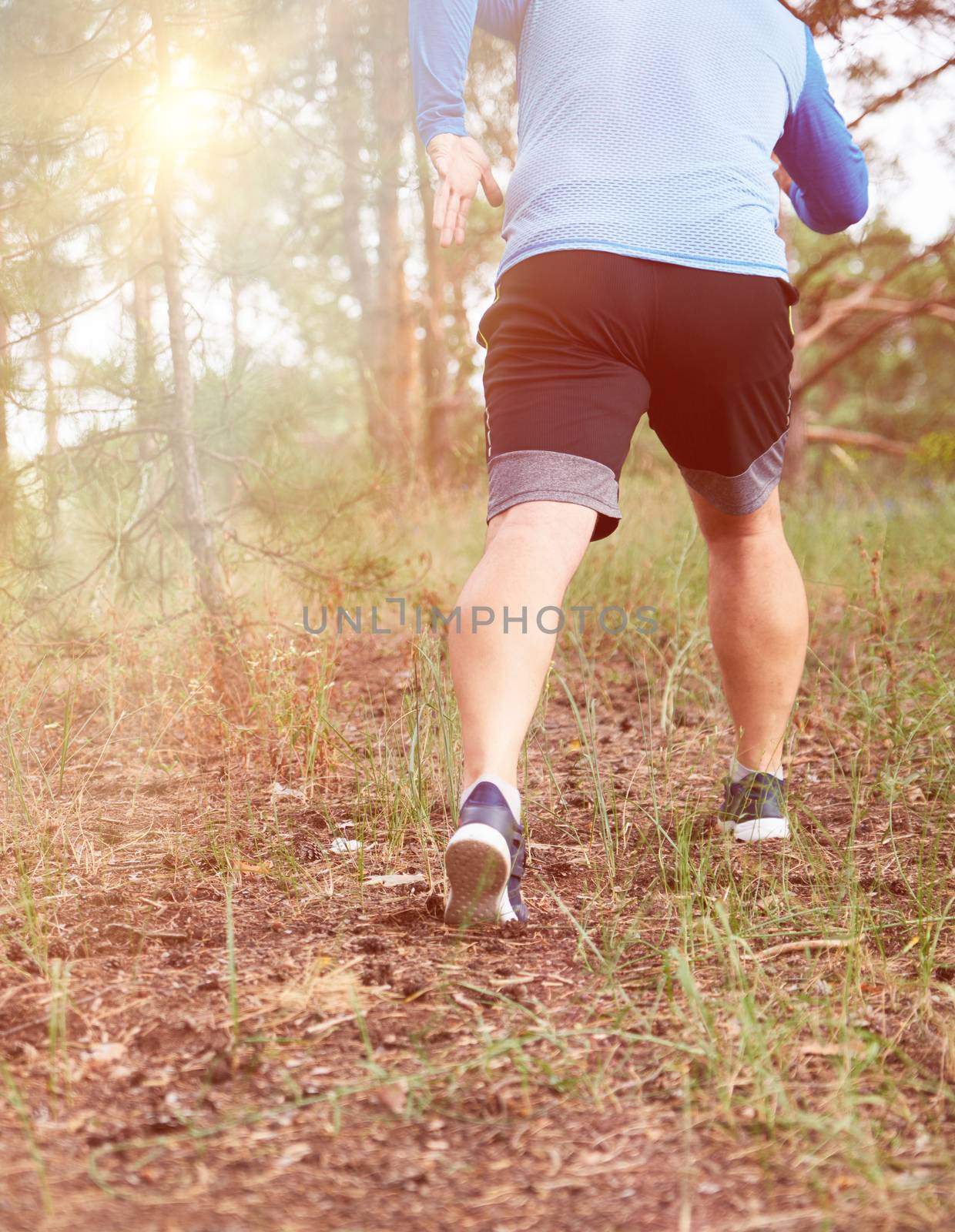 adult man in blue clothes and black shorts runs in the coniferous forest against the bright sun,  concept of a healthy lifestyle and running in the fresh air