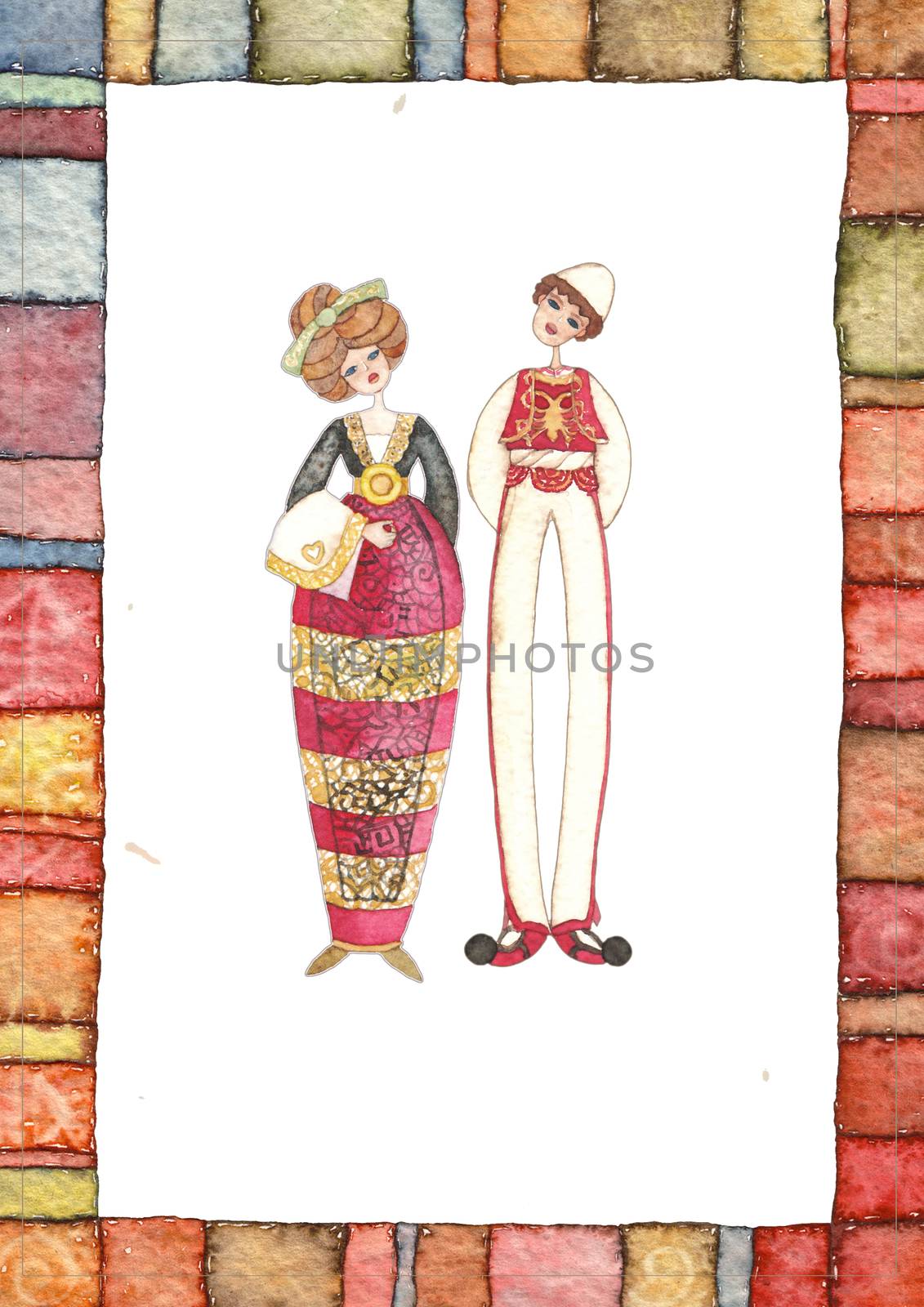 Hand drawn watercolor illustration with  traditional costumes wo by vimasi