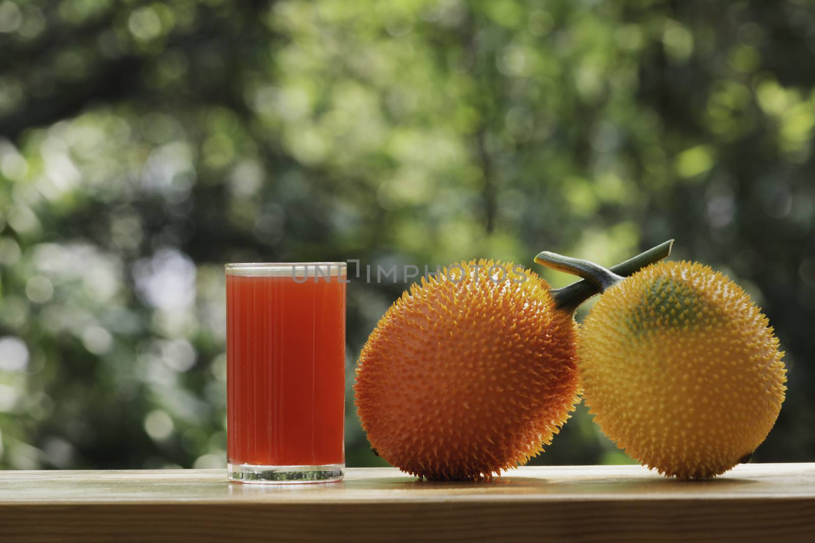 Baby Jackfruit, Gac fruit with baby jackfruit juice on blurred background. Drink and healthy concept.