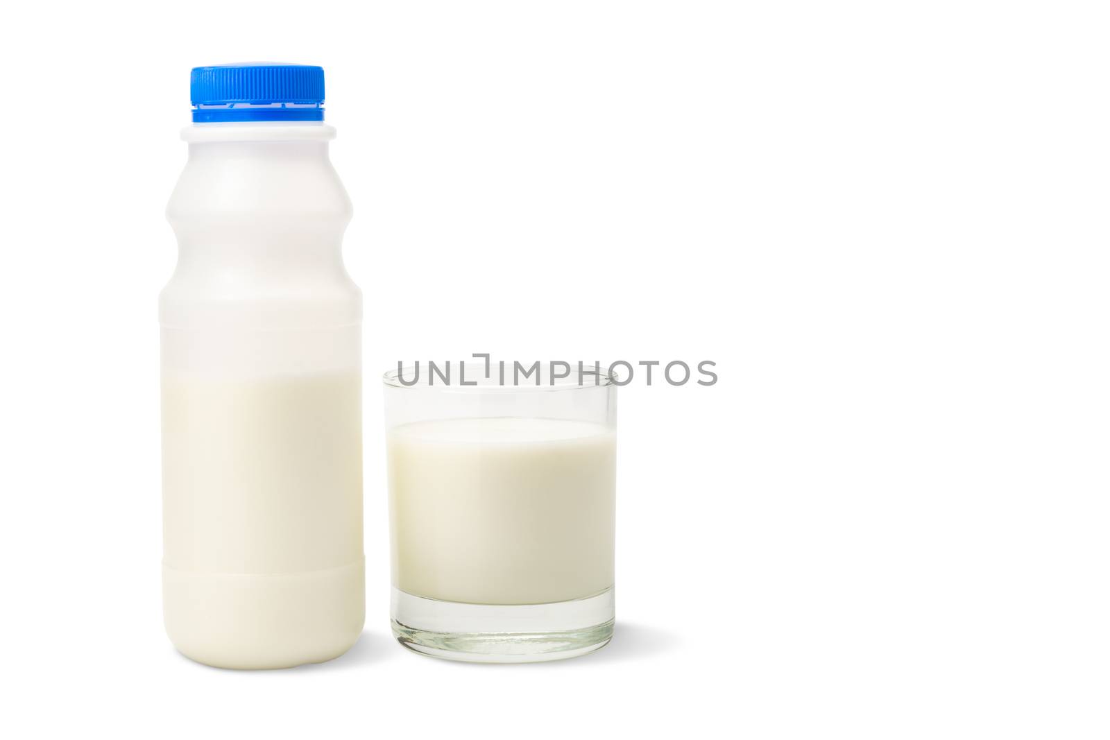 A plastic bottle of milk and glass of milk isolated on a white background with clipping path.