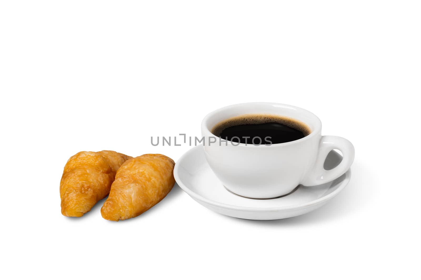 Fresh croissant with coffee white cup with clipping path on plate isolated on a white background.