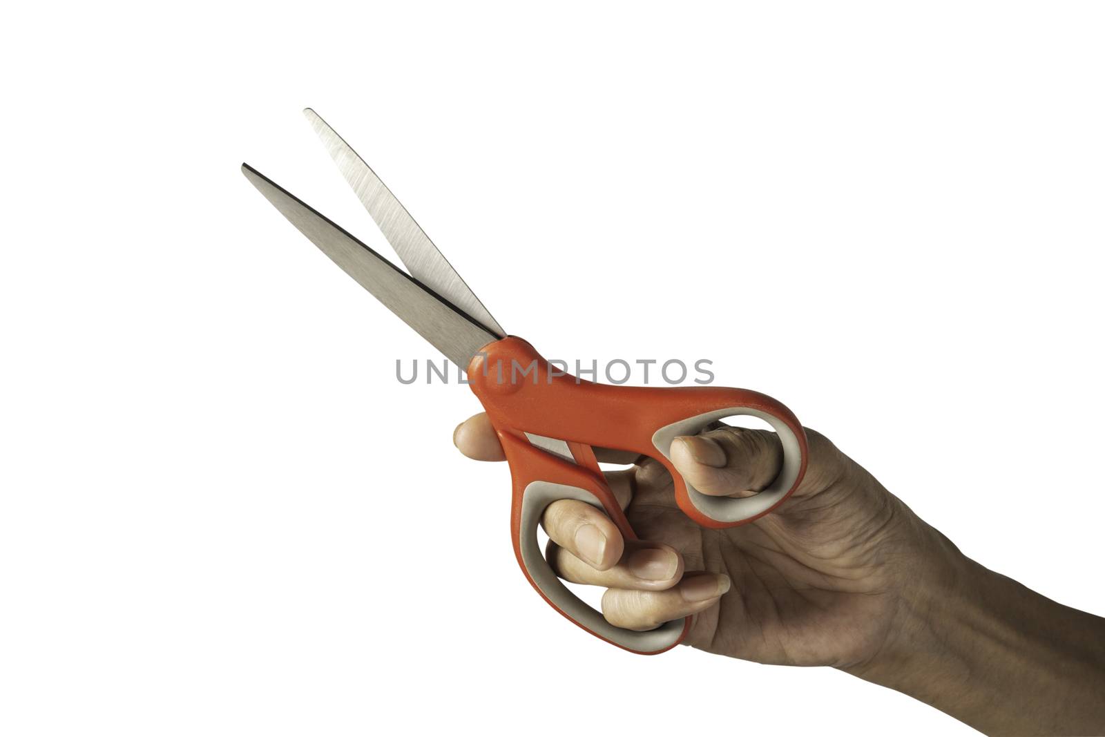 Hand holding a scissors with red plastic handle and clipping pat by kirisa99