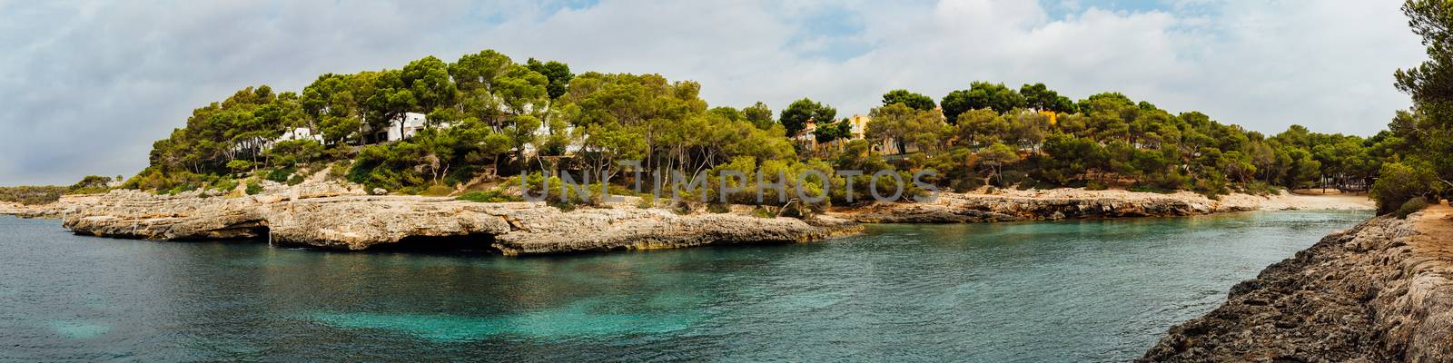 Panoramic view of Cala Barca Trencada, or broken boat cove, in Mallorca, Spain.